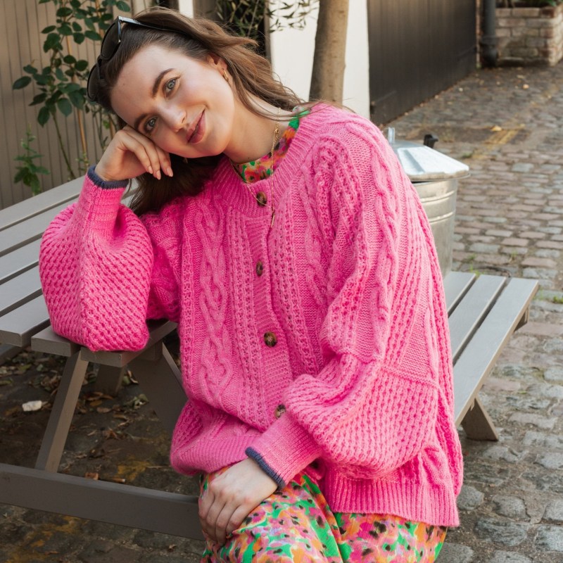 Brigit Heart Stitch Oversized Balloon Sleeve Cardigan - Pink Brigit Heart Stitch Oversized Balloon Sleeve Cardigan - Pink