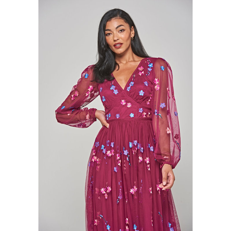 Thumbnail of Brooke Floral Embroidered Midi Dress - Boysenberry image