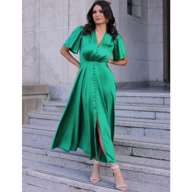 Brooklyn Retro Midi Satin Dress In Green ROSERRY Wolf Badger