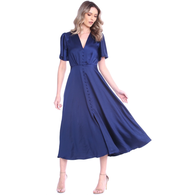 Thumbnail of Brooklyn Retro Midi Satin Dress In Navy image