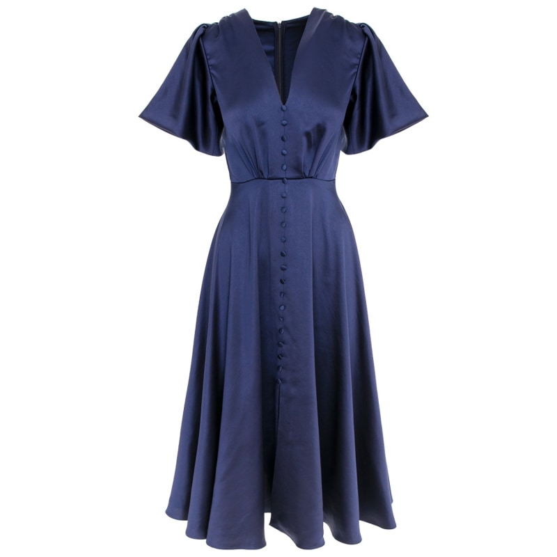 Brooklyn Retro Midi Satin Dress In Navy by ROSERRY