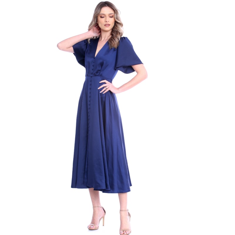 Thumbnail of Brooklyn Retro Midi Satin Dress In Navy image