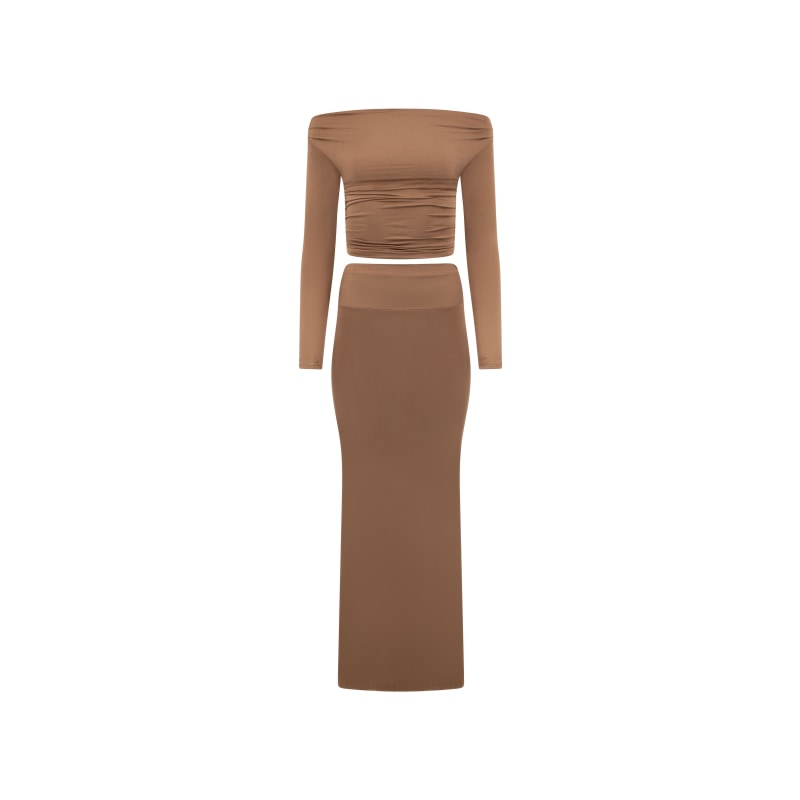 Thumbnail of Brown Knit Modal Off Shoulder Top And Skirt Set image