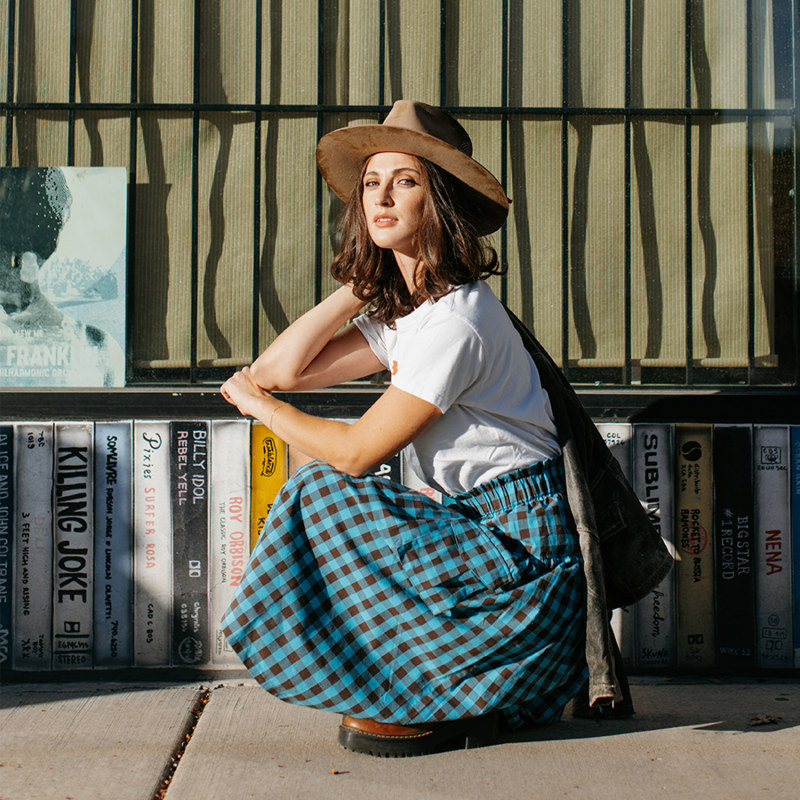 Thumbnail of Brown & Turquoise Gingham Linen Cargo Skirt image