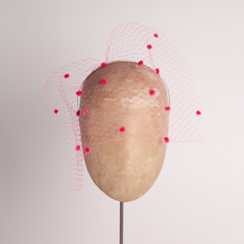 Thumbnail of Bubblegum Spot Pink Veiling Headpiece On Gold Metal Headband image
