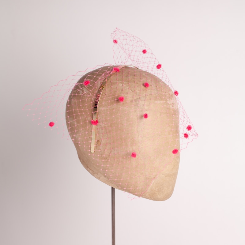 Thumbnail of Bubblegum Spot Pink Veiling Headpiece On Gold Metal Headband image