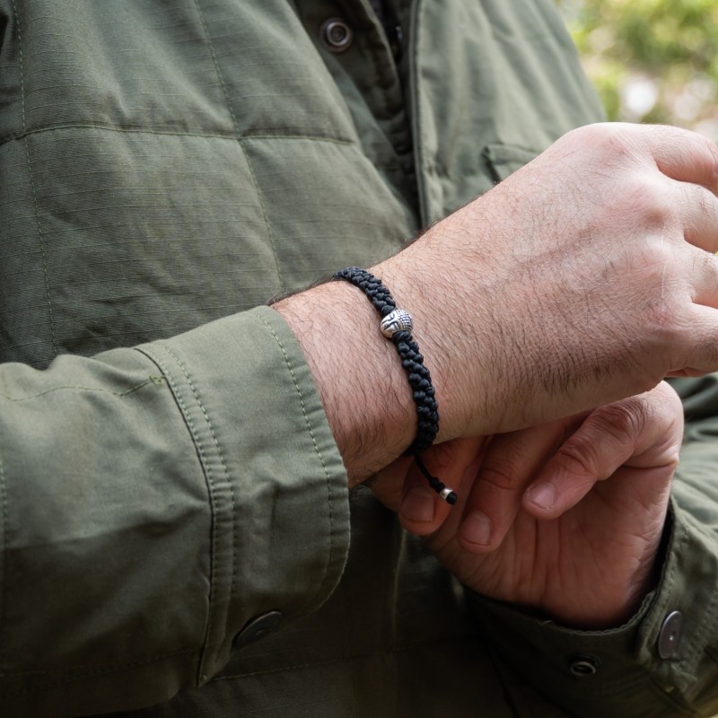 Thumbnail of Buddha Bracelet For Men - Handmade Of Black Rope & Sterling Silver - Black image