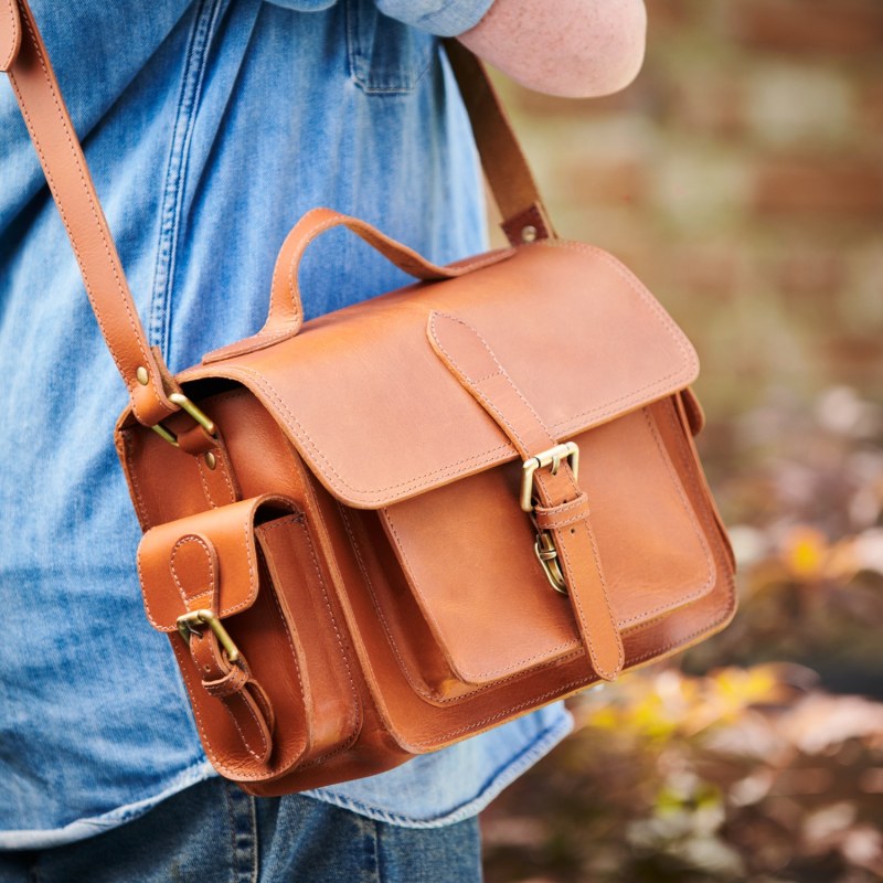 Tan leather camera bag top