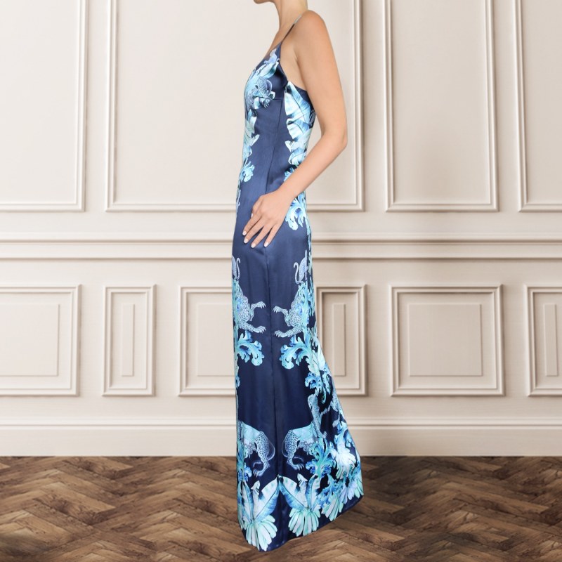 Thumbnail of Silk Slip Dress - Navy & Aqua Jungle Print image