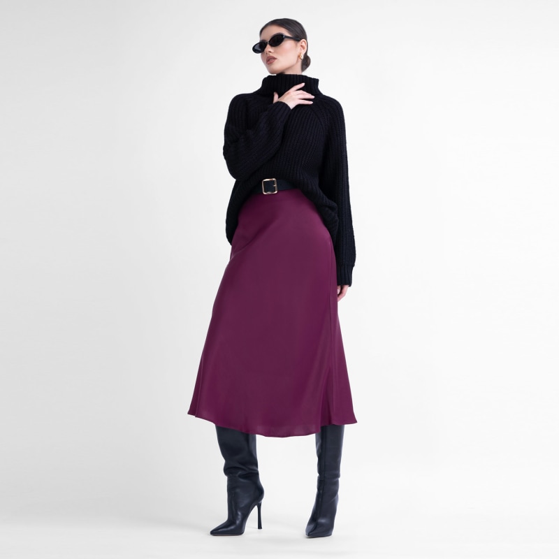 Burgundy Satin Midi Skirt BLUZAT Wolf Badger