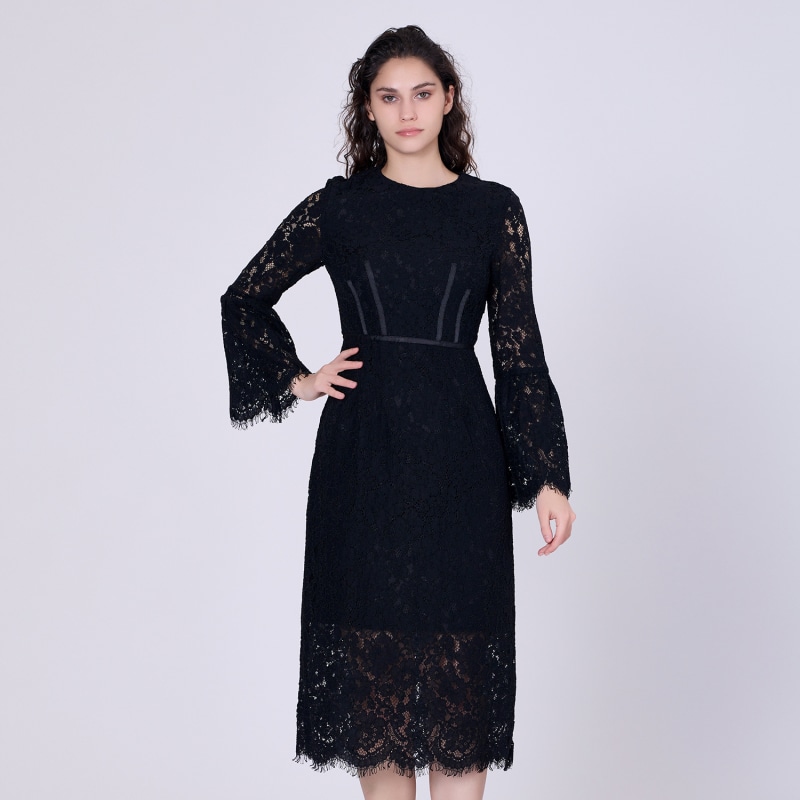 Bustier Lines And Tulip Sleeves Lace Dress - Black | Smart and Joy ...