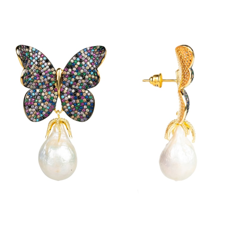 Thumbnail of Butterfly Baroque Pearl Earrings Multicoloured Cz Gold image