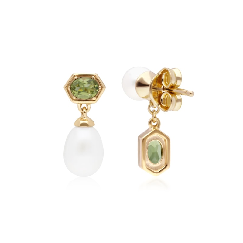 Thumbnail of Modern Pearl & Peridot Mismatched Drop Earrings In Yellow Gold Plated Sterling Silver image