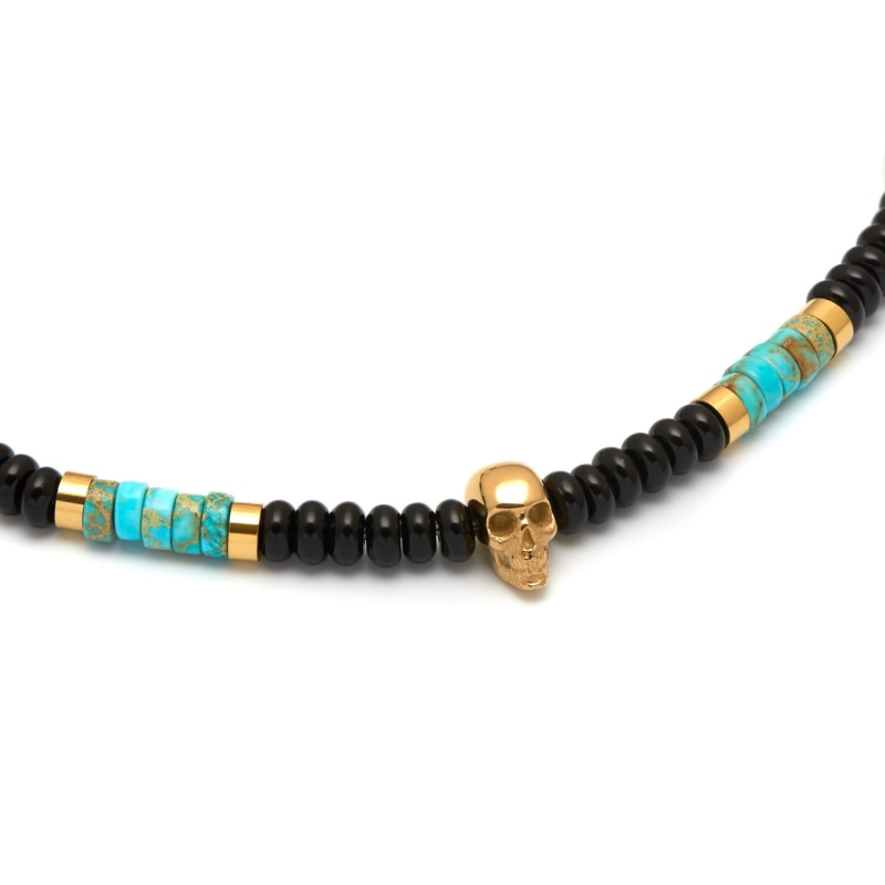 Thumbnail of Black Onyx / Turquoise & Gold Atticus Skull Macramé Bracelet image