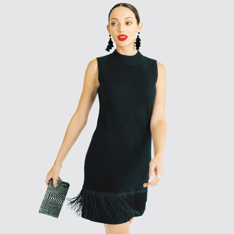 Thumbnail of Cashmere Mockneck Shift Dress With Fringe Hem - Black image