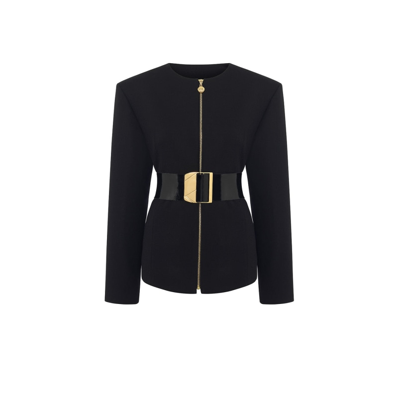 Longline Belted Round Neck Blazer Black YOMI Wolf Badger