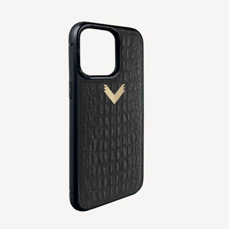 Thumbnail of Calf Leather Full Phone Case, Alligator Texture, Gold - Mystery Black image