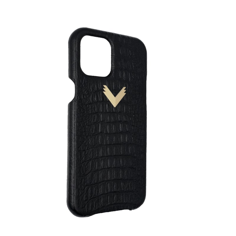 Thumbnail of Calf Leather Phone Case, Alligator Texture, Gold - Mystery Black image