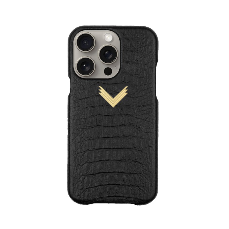 Thumbnail of Calf Leather Phone Case, Alligator Texture, Gold - Mystery Black image