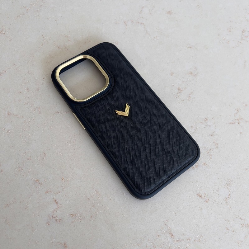 Thumbnail of Calf Leather Phone Case, Saffiano Texture, Gold - Black image