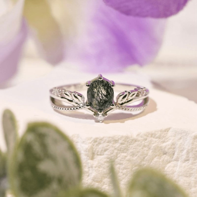 Thumbnail of Calla Lily Moss Agate Ring White Gold Vermeil image