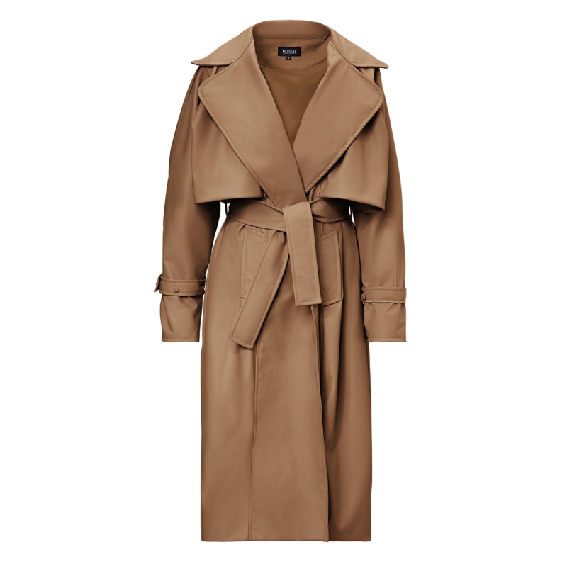 Camel Leather Raglan Sleeve Trench Coat With Belt BLUZAT Wolf Badger