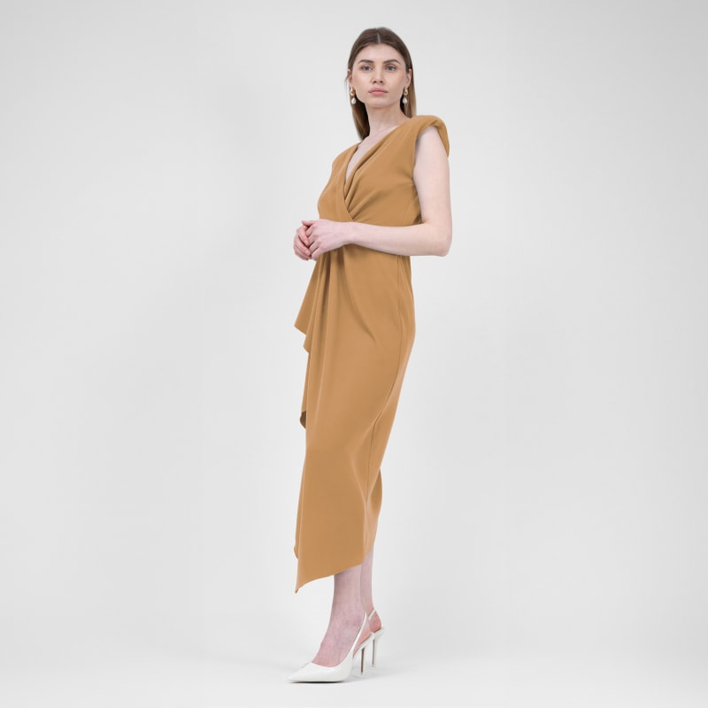 Thumbnail of Camel Midi Dress With Draping And Pleats image