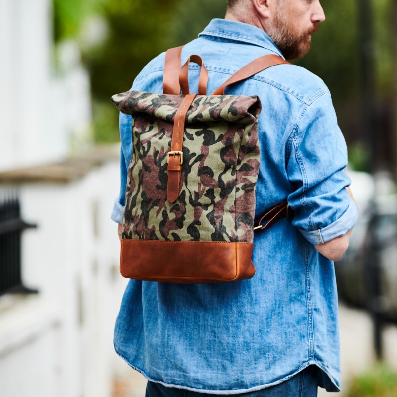 Camo Canvas And Leather Roll Top Backpack Green VIDA VIDA Wolf Badger