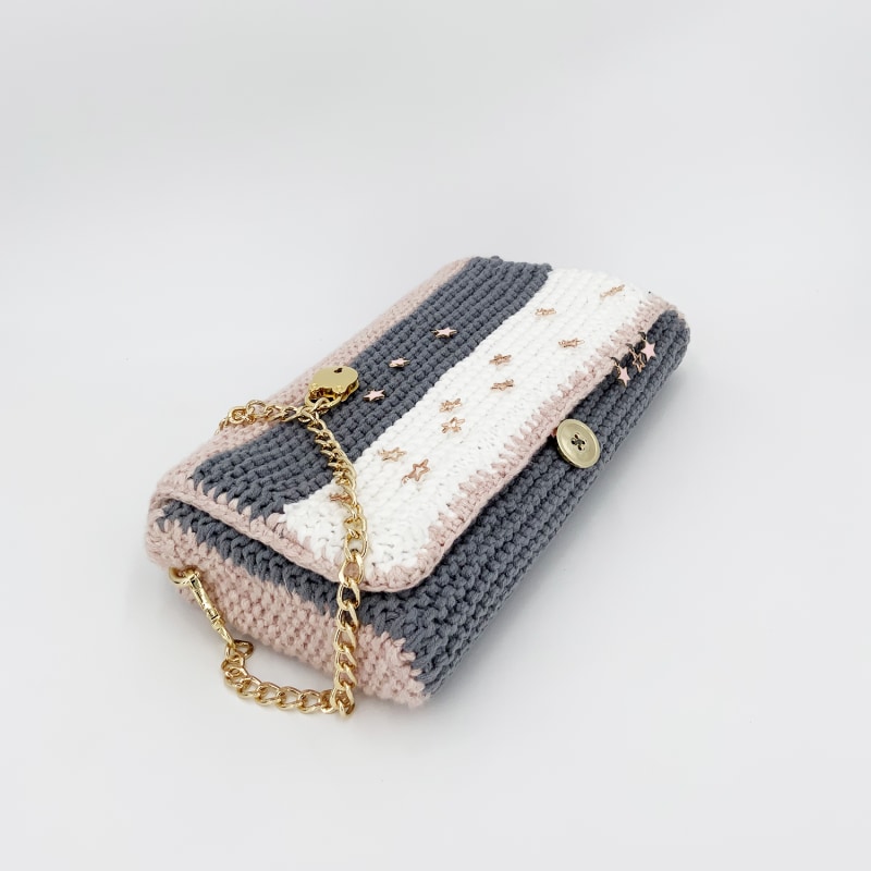 Thumbnail of Carmina - Hand Knitted Bag With Charms - Pink & Grey & White image