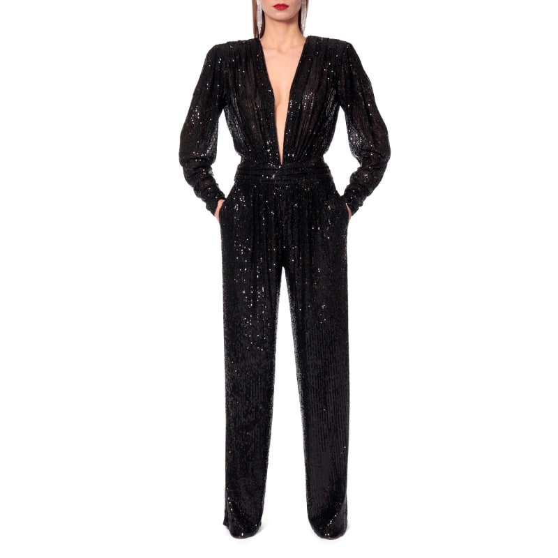 Thumbnail of Carolyn Obsidian Black Long Sleeve Sequin Jumpsuit image