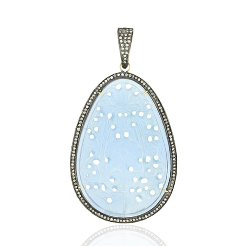 Thumbnail of Carved Agate Gemstone With Pave Diamond In 18K Gold & Silver Oval Cut Pendant image