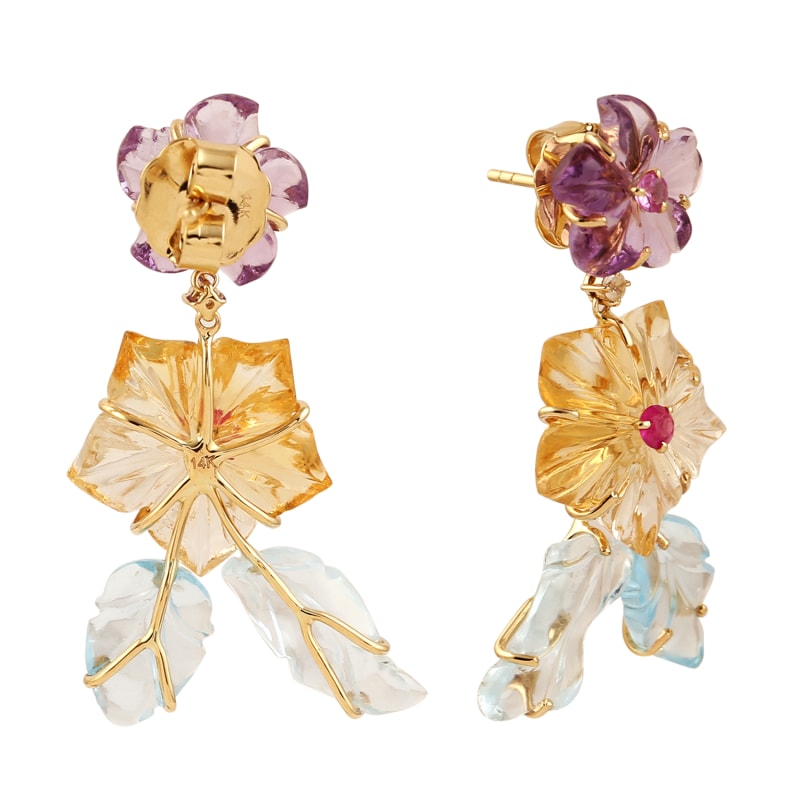 14K Gold With Carved Multi Gemstone In Flower Leaf Beautiful Dangle Earrings by Artisan