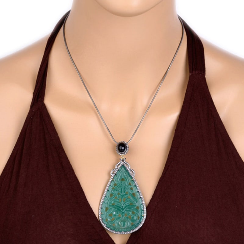 Thumbnail of Carved Onyx & Pave Diamond Drop Shape Pendant In 18K Solid Gold With Silver image