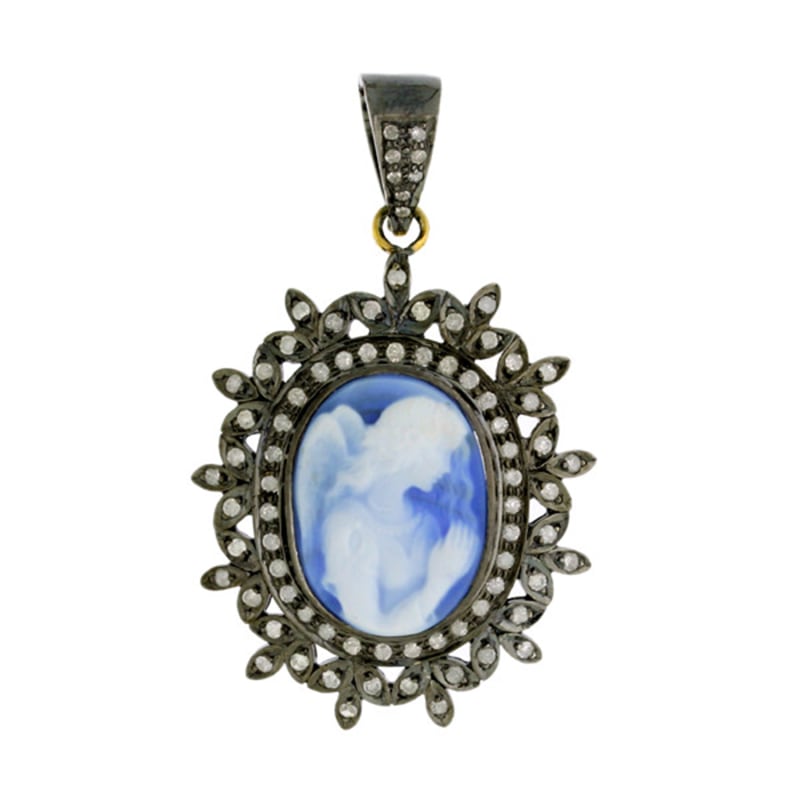 Thumbnail of Carved Shall Cameo & Diamond Angle Design Pendant In 18K Gold With Silver image