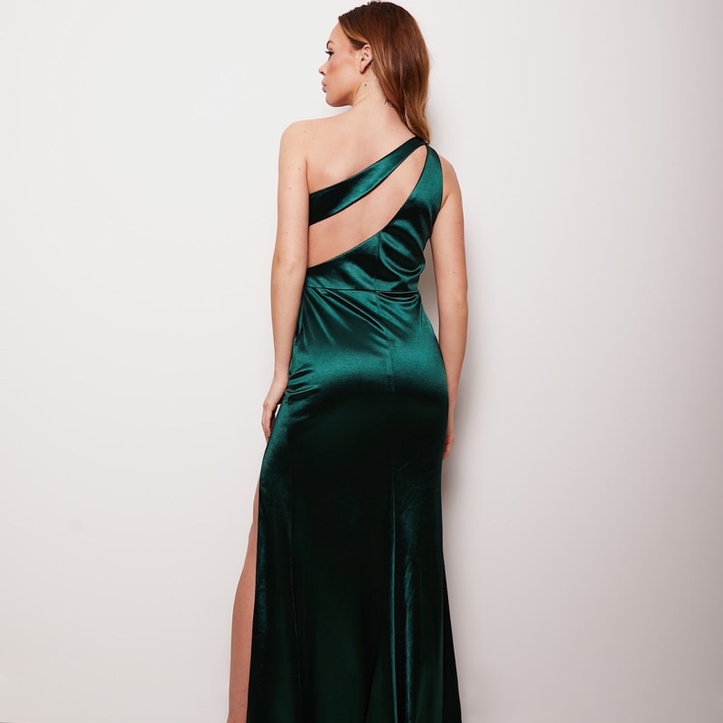 Thumbnail of Cassidy Emerald Satin Asymmetric Long Evening Gown image