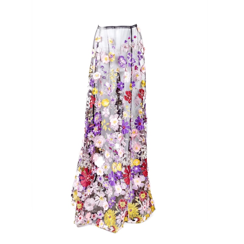Thumbnail of Celestial Midnight - Skirt Of Embroidered Multicoloured Cascading Flowers On Black Mesh image
