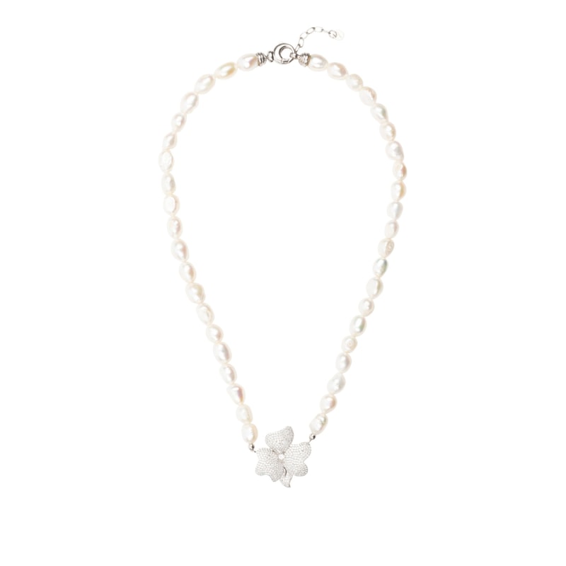 Thumbnail of Flower Pearl Mid Length Necklace White Cz Silver image