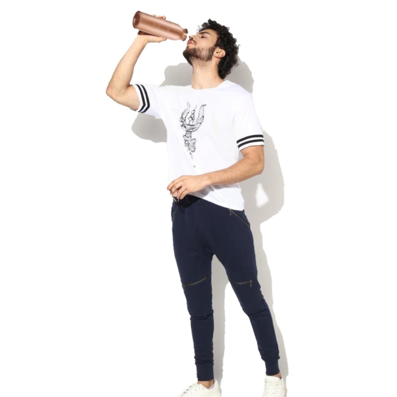 India House 100% Pure Copper 7 Chakra Bottle With Heart Chakra Crystal/Water Bottle/1000ml/Exercise/Meditation/Gym/Yoga From India (Two Free Wooden