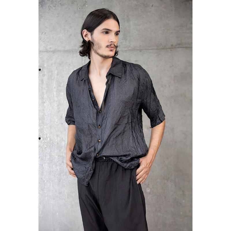Charcoal Crushed Silk Shirt | Monzlapur New York | Wolf & Badger Charcoal Crushed Silk Shirt | Monzlapur New York | Wolf & Badger
