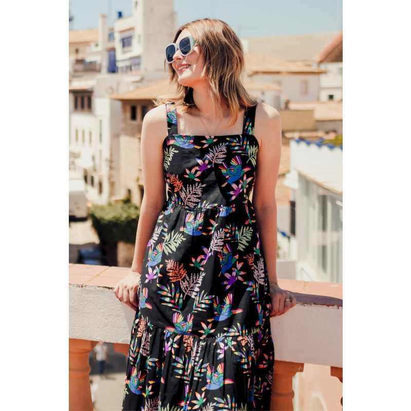 Thumbnail of Charlotte Maxi Tiered Sundress Black, Rainbow Toucans image