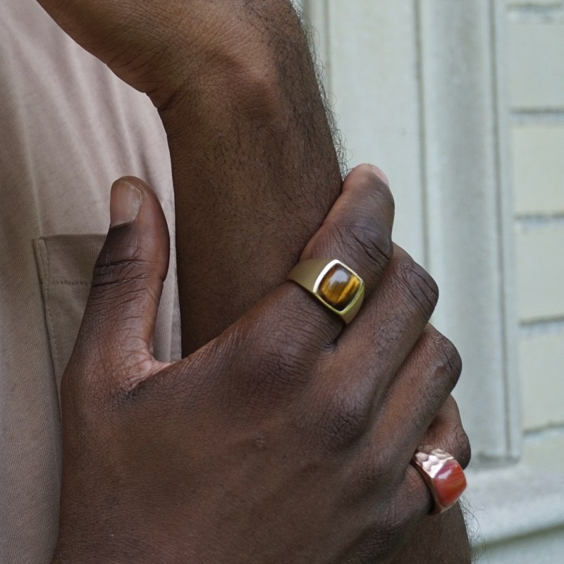 Thumbnail of Chatoyant Yellow Tiger Eye Signet Ring In 14K Yellow Gold Plated Sterling Silver image