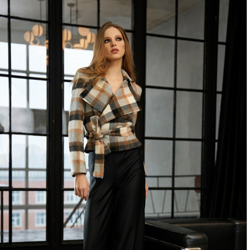 Thumbnail of Checked Wool Double Breasted Wide Lapel Jacket With Belt image