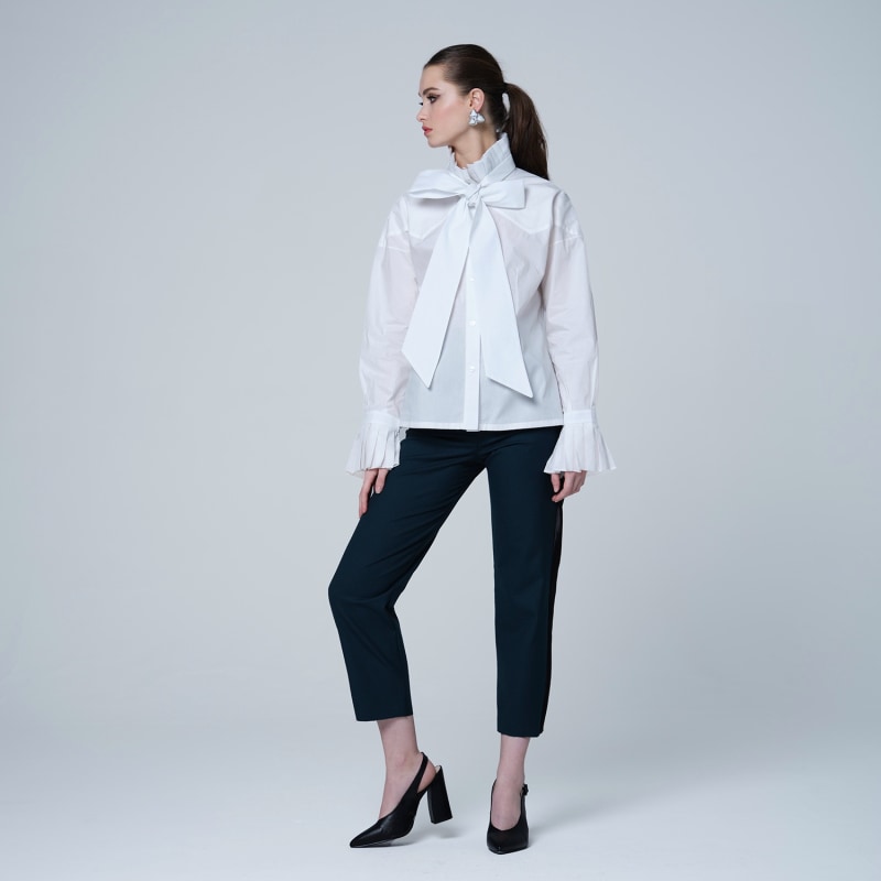 Thumbnail of Chelsea - Cotton Blouse W/ Pleated Collar & Long Bow Tie - White image