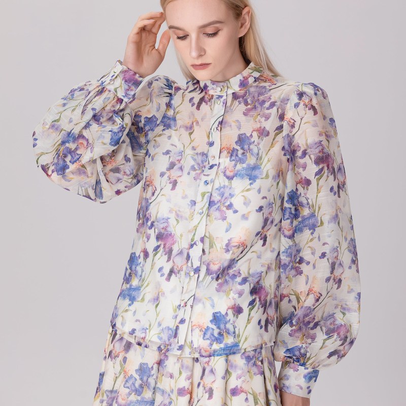 Thumbnail of Flower Print Long Sleeve Organza Shirt - Multicolor image