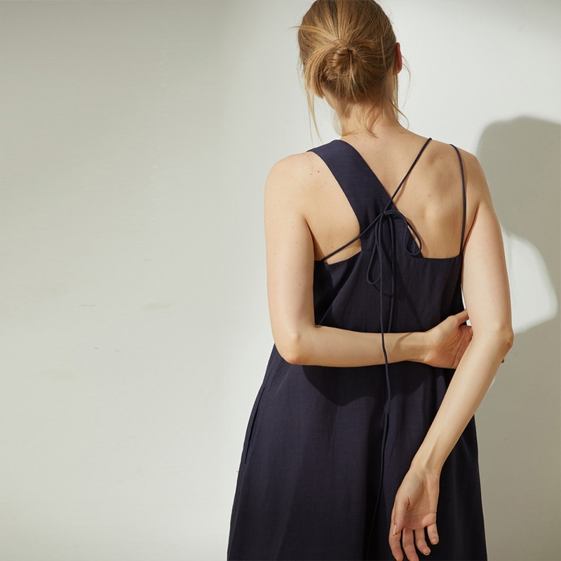 Thumbnail of Asteria Tie-Back Tencel™ Linen Midi Dress In Midnight Navy image