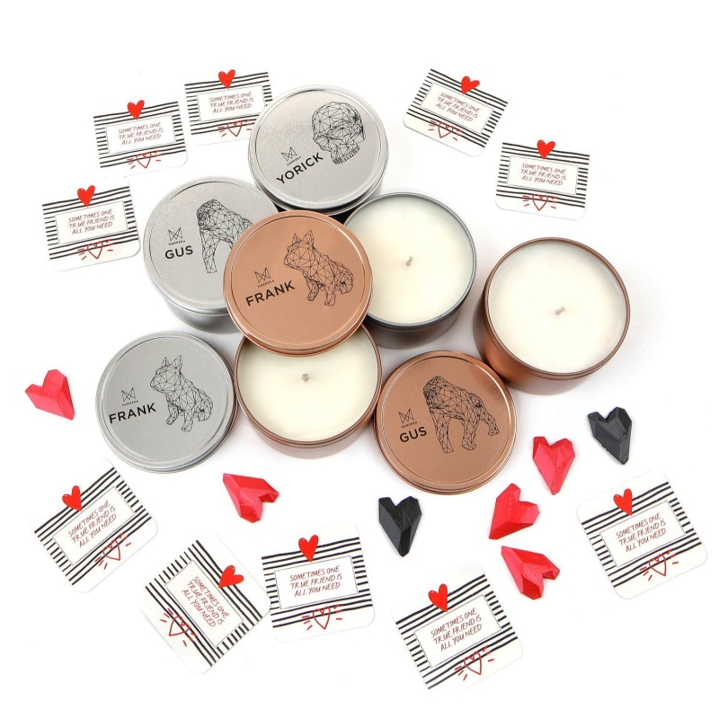 Thumbnail of Handmade Natural Wax Candle - French Bulldog Design Large Silver Tin With Geometric Heart & Message image