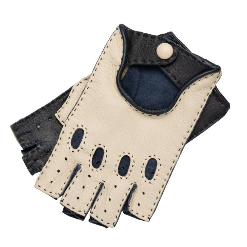 Thumbnail of Rome Spring -  Men's Deerskin Fingerless Driving Gloves Creme & Blue image