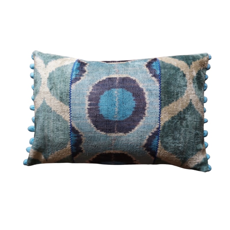 Thumbnail of Pretty Turquoise Patchwork Ikat Velvet Cushion image