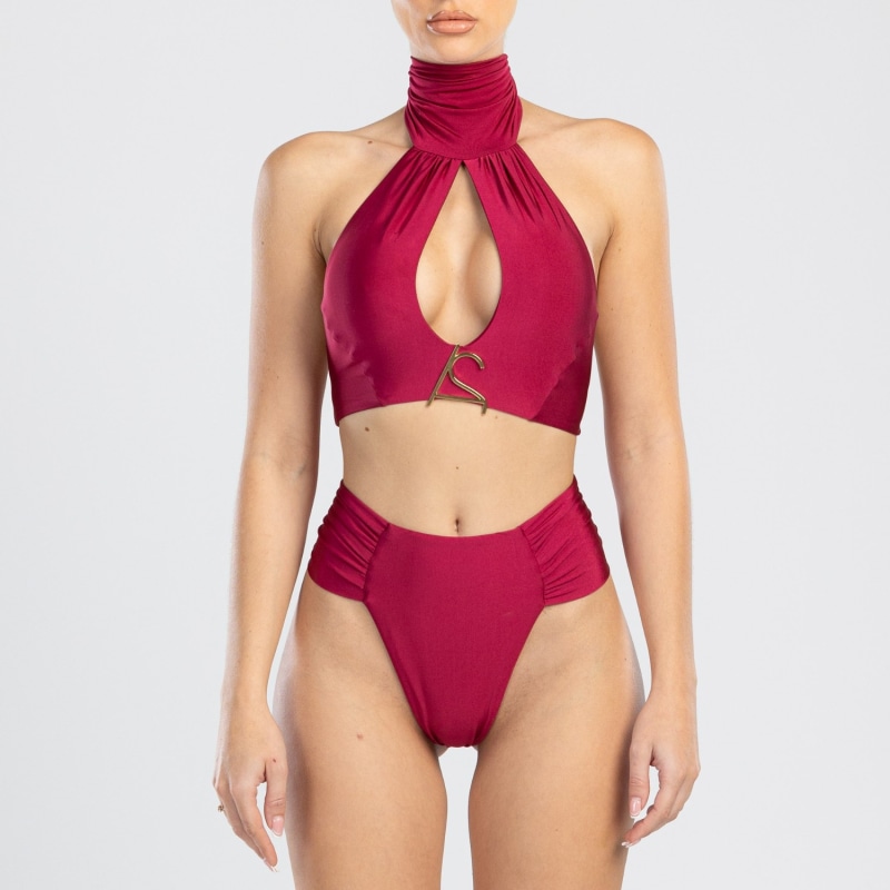 Clam High Waisted Side Draped Bikini Bottom In Red ANTONINIAS Wolf Badger
