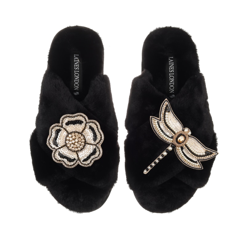 Classic Laines Slippers With Red & Gold Pucker Up Brooches - Black by  LAINES LONDON